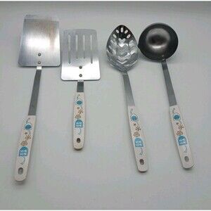 Vtg Stainless Steel Kitchen Utensils Short Spatula Slotted Spoon Blue Gold Crown